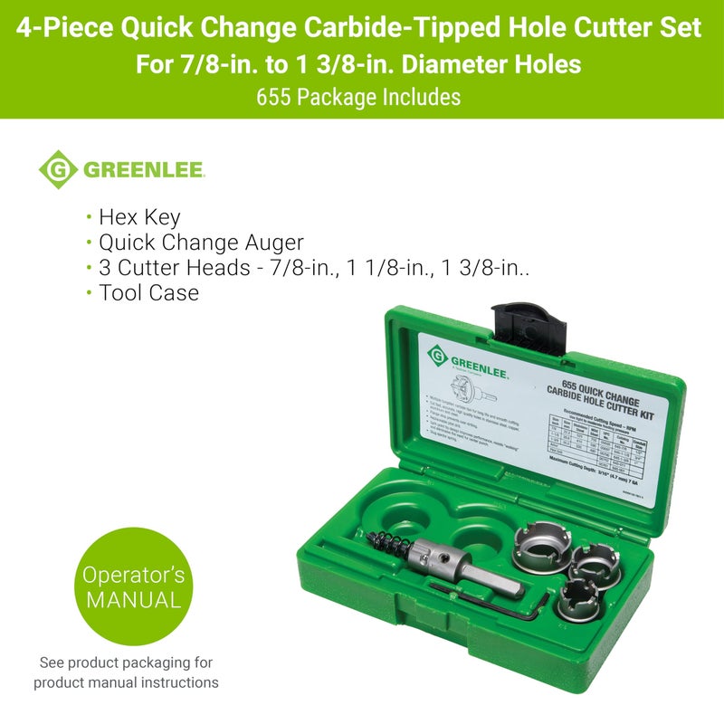 Greenlee 655 4-Piece Quick Change Carbide-Tipped Hole Cutter Set, 7/8" - 1-3/8" - Image 2